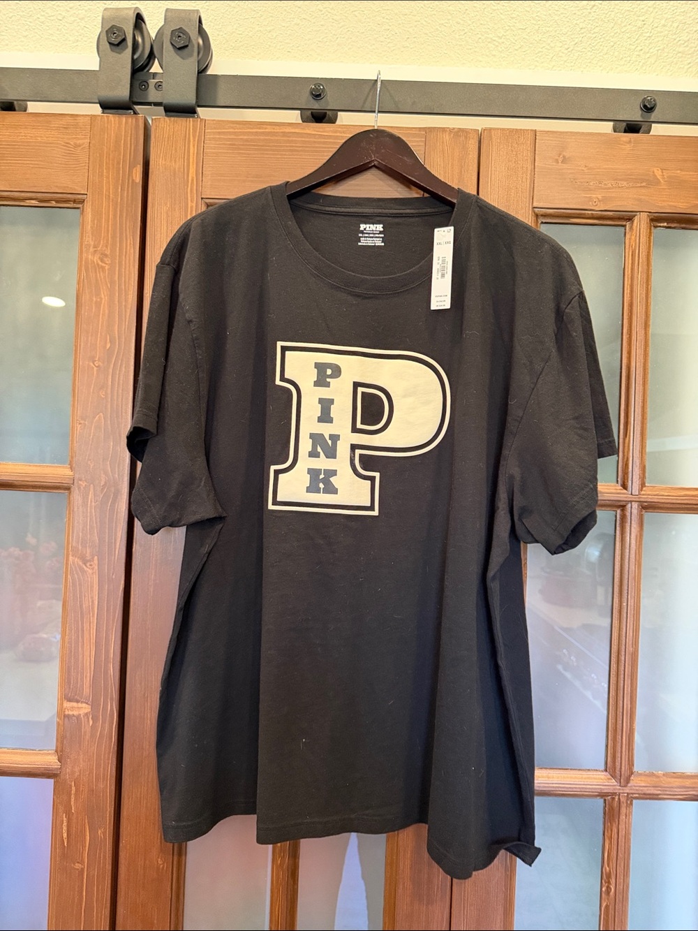 PINK Victoria's Secret Black Short-Sleeve Tee with Cream Varsity 'P' Logo